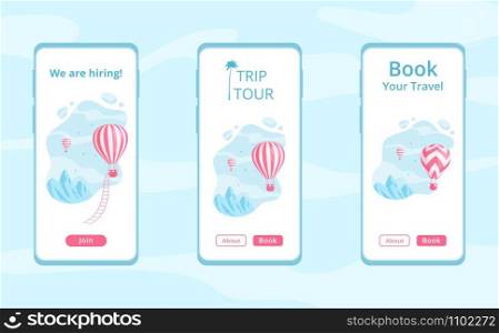 Mobile app template with hot air balloon vector illustration set. Travel online booking service concept, job hiring offer mobile app template with red hot air balloon on blue mountain landscape.. Mobile app template with hot air balloon set