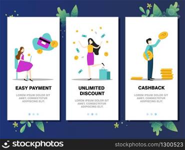 Mobile app templates concept vector illustration flat design. Easy payment, unlimited discount, cashback, online shopping concept.. Mobile app templates concept vector illustration flat design