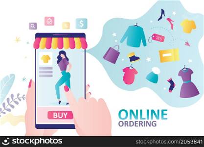 Mobile app to buy various clothes. Female model show product on smartphone screen. Concept of online ordering, shopping and discount. Hands holding mobile phone. Trendy flat vector illustration. Mobile app to buy various clothes. Female model show product on smartphone screen. Concept of online ordering, shopping and discount