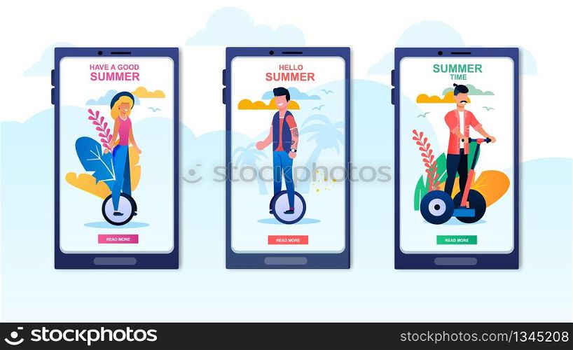 Mobile Application and Service Advertising Spending Active Summertime. Greeting Covers Set for Social Media Posts Invite for Vacation. Cartoon People Goes on Eco Transport. Vector Flat Illustration. Mobile Application Summer Cartoon Banners Set