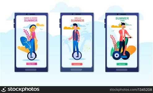 Mobile Application and Service Advertising Spending Active Summertime. Greeting Covers Set for Social Media Posts Invite for Vacation. Cartoon People Goes on Eco Transport. Vector Flat Illustration. Mobile Application Summer Cartoon Banners Set