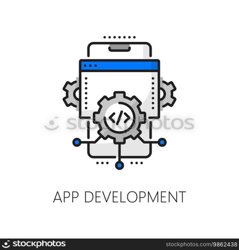 Mobile application coding, cellphone app optimization, web software develop thin line icon. Web application building, mobile software development outline vector pictogram with phone and cog wheels. Mobile application coding, software develop icon