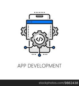 Mobile application coding, cellphone app optimization, web software develop thin line icon. Web application building, mobile software development outline vector pictogram with phone and cog wheels. Mobile application coding, software develop icon
