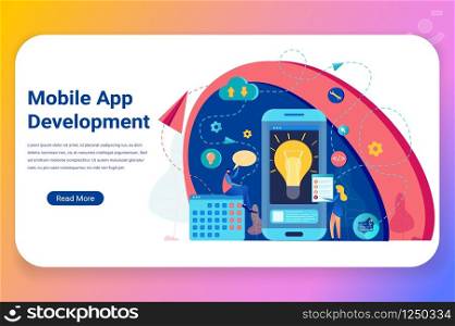Mobile Application Development Banner Illustration. Human Receive System Information List from Remote Network Resource. Calendar Software send Message to Cloud Service, Man with Laptop Download Update. Mobile Application Development Business Banner