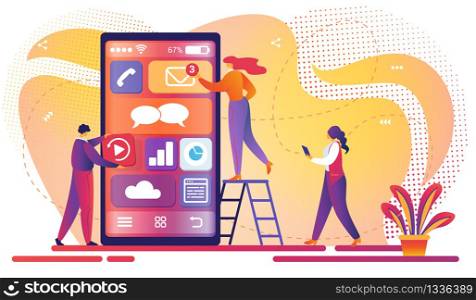 Mobile Application Development Process. Software Api Prototyping and Testing Background. Smartphone Interface Building Process, Mobile App Creating Concept. Teamwork. Cartoon Flat Vector Illustration.. Mobile Application Development Process. Teamwork.