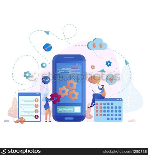Mobile Application Development Vector Illustration. Smartphone Interface Creation Process, Gadget App Build. Woman Edit, Customize Device. People use Cloud Storage for Information Exchange. Mobile Application Development Vector Illustration