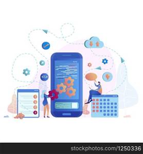 Mobile Application Development Vector Illustration. Smartphone Interface Creation Process, Gadget App Build. Woman Edit, Customize Device. People use Cloud Storage for Information Exchange. Mobile Application Development Vector Illustration