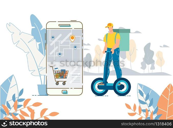 Mobile Application for Ordering and Delivery Food Basket. Tracking App with Rout and Location Marks. Courier with Groceries Pack on Back Riding Electric Hoverboard. Eco-Friendly Meal Transportation. Mobile App for Ordering and Delivery Food Basket