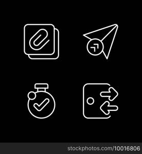 Mobile application interface white linear icons set for dark theme. Sending messages. Enabling timer. Night mode customizable thin line symbols. Isolated vector outline illustrations. Editable stroke. Mobile application interface white linear icons set for dark theme