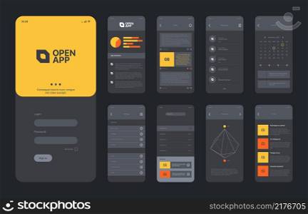 Mobile application layout. Smartphone web ui kit templates dividers frames checkboxes online pages vector flat design project wit place for text. Illustration ui mobile layout, application interface. Mobile application layout. Smartphone web ui kit templates dividers frames checkboxes buttons online pages garish vector flat design project wit place for text
