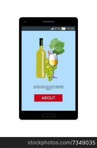 Mobile application lets to order natural white wine from grapes, bottle of wine on background, poster with smartphone and online button vector. Mobile Application Lets to Order White Wine Vector