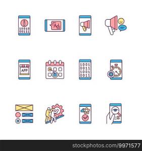 Mobile application RGB color icons set. Information architecture. Paid advertisement. Online promotion. Ad c&aign on social media. App store. Smartphone testing. Isolated vector illustrations. Mobile application RGB color icons set