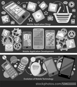 Mobile application store and development. Evolution technology phone, communication digital app, smart device, tablet and software, screen smartphone illustration. Black and white color