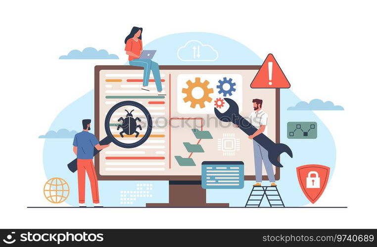 Mobile application testers. Finding and correcting errors in software, checking for bugs and artifacts, teamwork, tiny people and huge screen, nowaday vector cartoon flat web development concept. Mobile application testers. Finding and correcting errors in software, checking for bugs and artifacts, teamwork, tiny people and huge screen, nowaday vector web development concept