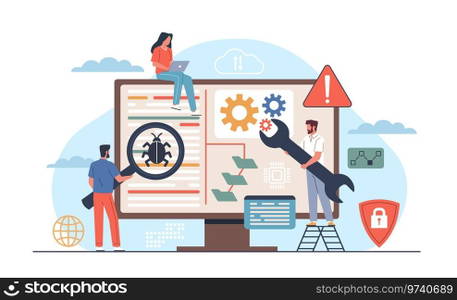 Mobile application testers. Finding and correcting errors in software, checking for bugs and artifacts, teamwork, tiny people and huge screen, nowaday vector cartoon flat web development concept. Mobile application testers. Finding and correcting errors in software, checking for bugs and artifacts, teamwork, tiny people and huge screen, nowaday vector web development concept