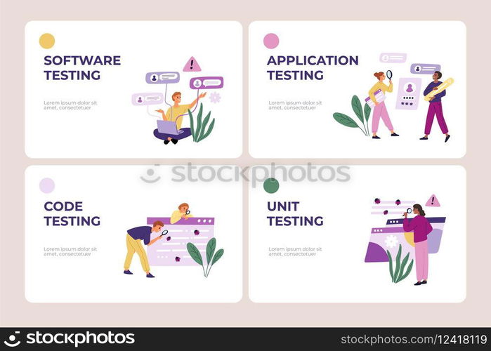 Mobile application testing. Landing page. Checking program code for errors. Internet app software. Young people looking for digital bugs. IT specialists. Website design template. Garish vector set. Mobile application testing. Landing page. Checking program code for errors. App software. People looking for digital bugs. IT specialists. Website design template. Garish vector set
