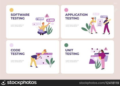 Mobile application testing. Landing page. Checking program code for errors. Internet app software. Young people looking for digital bugs. IT specialists. Website design template. Garish vector set. Mobile application testing. Landing page. Checking program code for errors. App software. People looking for digital bugs. IT specialists. Website design template. Garish vector set