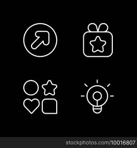 Mobile application white linear icons set for dark theme. Sending gifts. Shape signs for app. Night mode customizable thin line symbols. Isolated vector outline illustrations. Editable stroke. Mobile application white linear icons set for dark theme