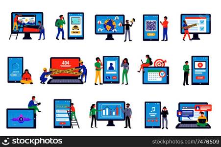 Mobile applications and users icons set with wireless connection symbols flat isolated vector illustration
