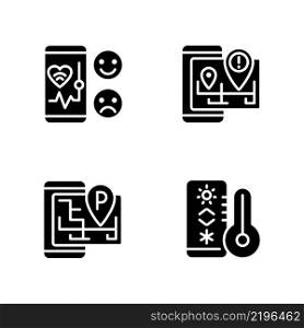 Mobile applications black glyph icons set on white space. Healthcare service. GPS navigation. Internet of Things. Silhouette symbols. Solid pictogram pack. Vector isolated illustration. Mobile applications black glyph icons set on white space
