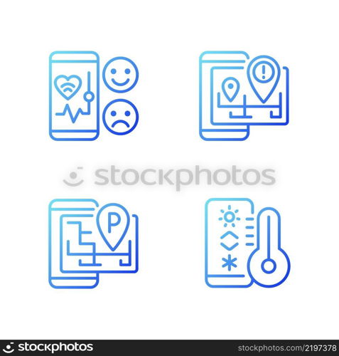 Mobile applications gradient linear vector icons set. Healthcare service. Internet of Things. Smart gadget. Thin line contour symbol designs bundle. Isolated outline illustrations collection. Mobile applications gradient linear vector icons set