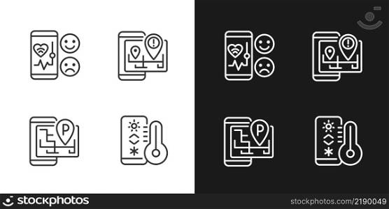 Mobile applications pixel perfect light and dark theme color icons set. Healthcare service. Internet of Things. Simple filled line drawings. Bright cliparts on white and black. Editable stroke. Mobile applications pixel perfect light and dark theme color icons set