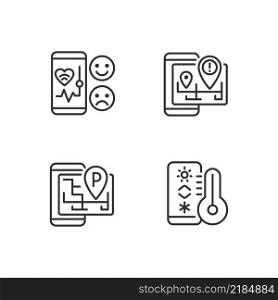 Mobile applications pixel perfect linear icons set. Healthcare service. Internet of Things. Innovative tech. Customizable thin line symbols. Isolated vector outline illustrations. Editable stroke. Mobile applications pixel perfect linear icons set
