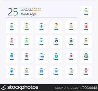 Mobile Apps 25 Flat Color icon pack including shopping. bag. audio recognition. instant messenger. bubble
