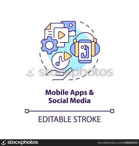 Mobile apps and social media concept icon. Internet content. Gamification trend abstract idea thin line illustration. Isolated outline drawing. Editable stroke. Arial, Myriad Pro-Bold fonts used. Mobile apps and social media concept icon