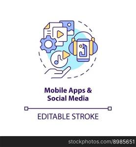 Mobile apps and social media concept icon. Internet content. Gamification trend abstract idea thin line illustration. Isolated outline drawing. Editable stroke. Arial, Myriad Pro-Bold fonts used. Mobile apps and social media concept icon