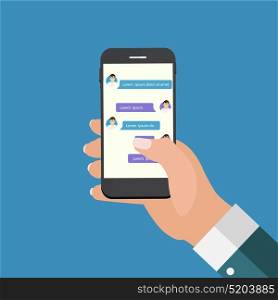 Mobile Apps Concept Hand Holding Phone. Social network concept. Abstract Messenger Wndow with Chating and Message Chat Boxes. Vector illustration. EPS10. Mobile Apps Concept Hand Holding Phone. Social network concept.