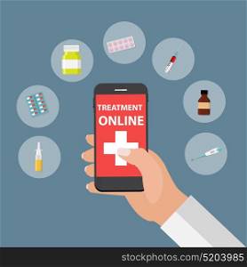 Mobile Apps Concept of Online Treatment and Health care in Modern Flat Style Vector Illustration EPS10. Mobile Apps Concept of Online Treatment and Health care in Moder
