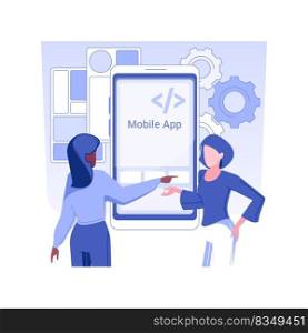Mobile apps development isolated concept vector illustration. Colleagues creating new mobile app, IT company, back end development, software engineering, prototype idea vector concept.. Mobile apps development isolated concept vector illustration.