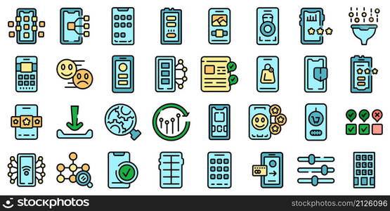 Mobile apps icons set outline vector. Customer phone. Social experience. Mobile apps icons set vector flat