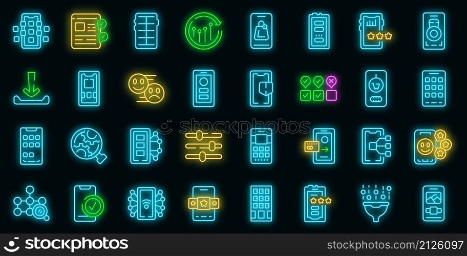 Mobile apps icons set outline vector. Customer phone. Social experience. Mobile apps icons set vector neon