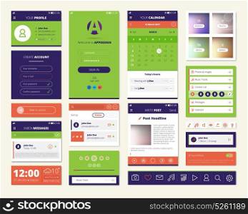 Mobile Apps Screen Elements Set. Mobile apps screen elements set with dashboard music player weather widget and account setting isolated vector illustration