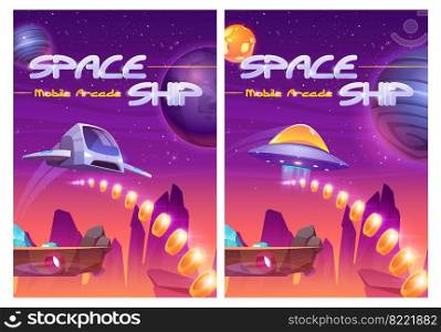 Mobile arcade with space ship, interstellar shuttle collect golden coins on alien planet with flying rocks and assets, fantasy game ui design, extraterrestrial landscape, Cartoon vector illustration. Mobile arcade with space ship interstellar shuttle