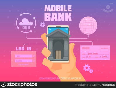 Mobile bank poster with log in and cloud symbols flat vector illustration