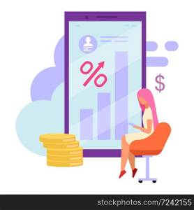 Mobile banking account balance flat vector illustration. Loan high interest rates cartoon concept. Investment, stock trading app isolated metaphor. E commerce, profit growth. Ewallet, ROI statistics