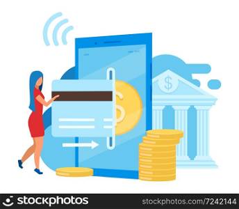 Mobile banking app flat vector illustration. Credit card transaction, bill payment cartoon concept. Easy to use application. Online bank account. Ebanking, ewallet. E payment isolated metaphor