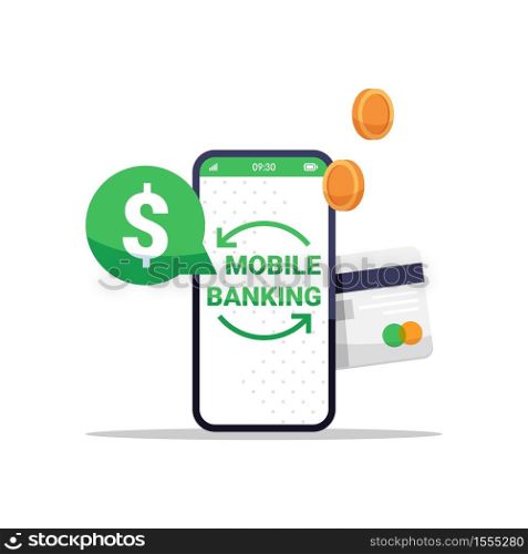 Mobile banking app semi flat RGB color vector illustration. Online financial transaction. Phone for payment. Smartphone with e commerce application isolated cartoon object on white background. Mobile banking app semi flat RGB color vector illustration
