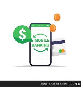 Mobile banking app semi flat RGB color vector illustration. Online financial transaction. Phone for payment. Smartphone with e commerce application isolated cartoon object on white background. Mobile banking app semi flat RGB color vector illustration
