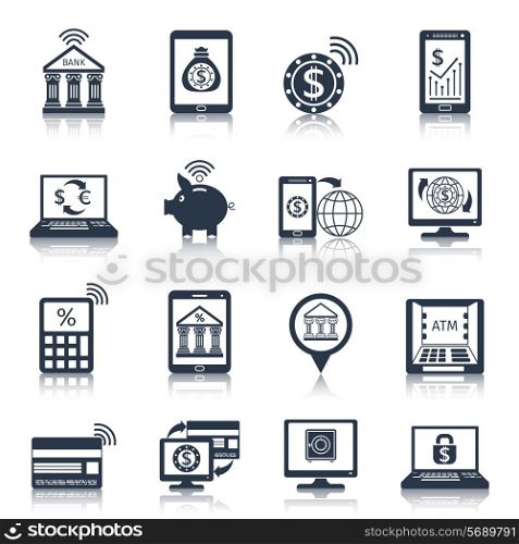 Mobile banking black icons set with phone payment digital transfer e-commerce customer services isolated vector illustration