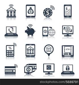 Mobile banking black icons set with phone payment digital transfer e-commerce customer services isolated vector illustration