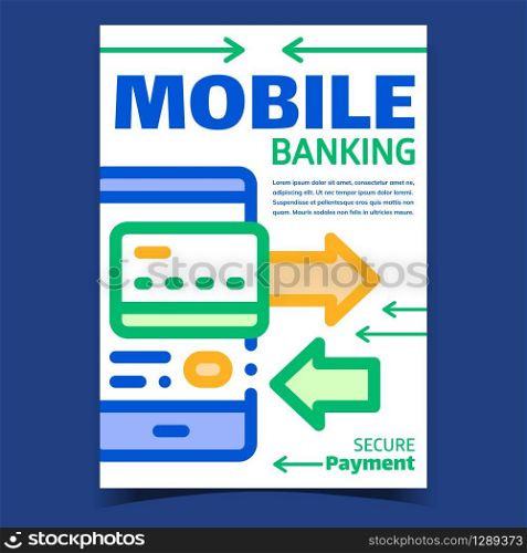 Mobile Banking Creative Advertising Poster Vector. Mobile Online Secure Payment, Smartphone And Plastic Card. Financial Bank Account In Phone Concept Template Stylish Colorful Illustration. Mobile Banking Creative Advertising Poster Vector