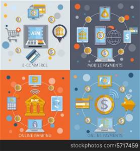 Mobile banking flat line icons set with e-commerce online payments elements isolated vector illustration