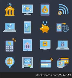 Mobile banking icons set with electronic devices and finance services applications isolated vector illustration