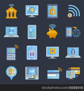 Mobile banking icons set with electronic devices and finance services applications isolated vector illustration