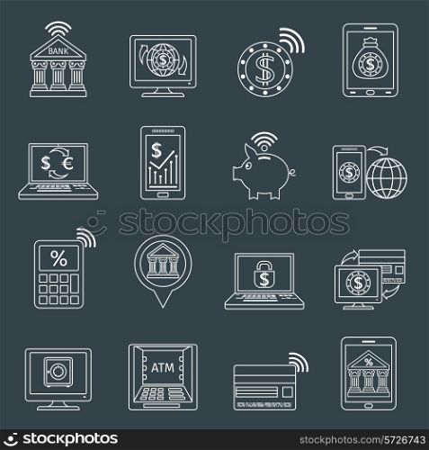 Mobile banking outline icons set with dollar euro exchange electronic account isolated vector illustration