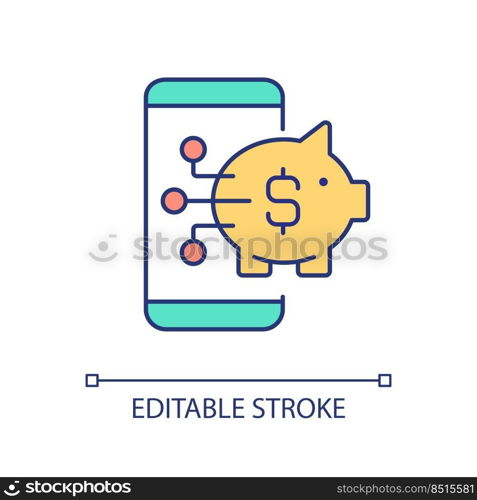 Mobile banking RGB color icon. Open deposit online. Control savings account via smartphone. Isolated vector illustration. Simple filled line drawing. Editable stroke. Arial font used. Mobile banking RGB color icon